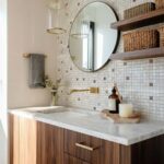 Bathroom with mother of pearl shell tile backsplash and wooden vanity.