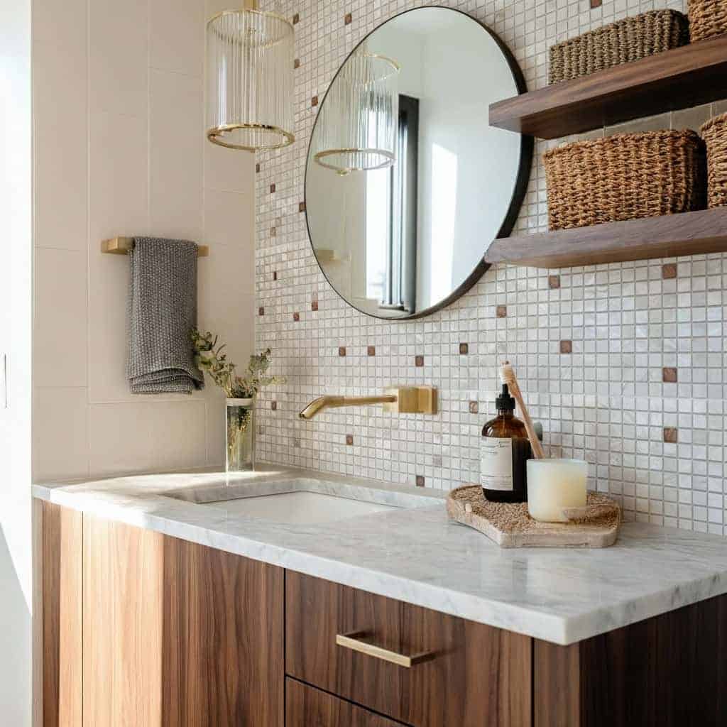 Bathroom with mother of pearl shell tile backsplash and wooden vanity.