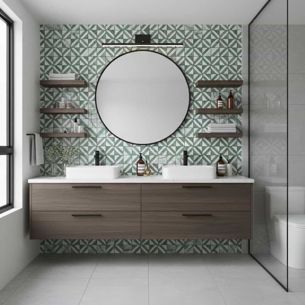 Modern bathroom with peel and stick wall tiles, double sinks, and floating shelves.