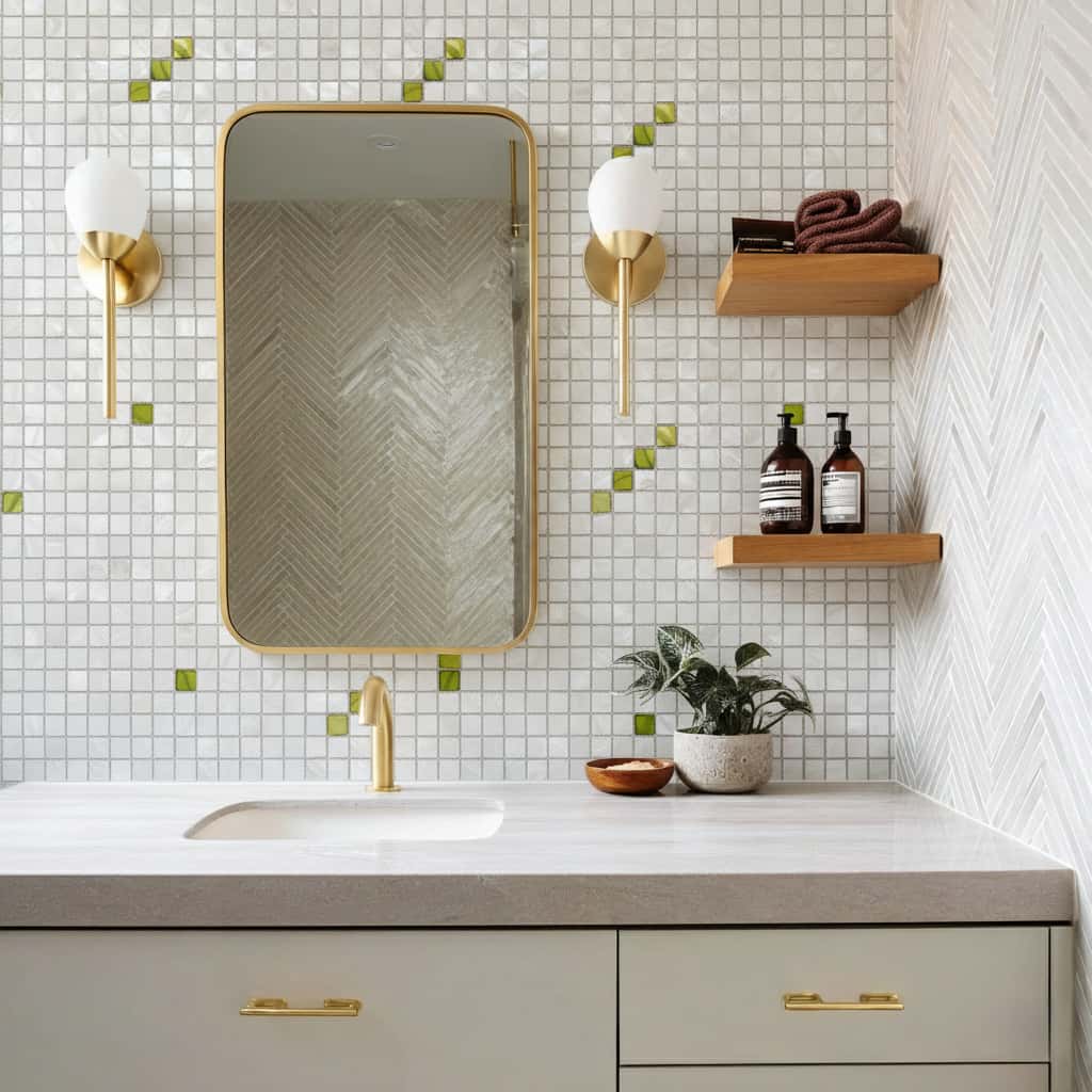 A modern bathroom featuring a mirror with shell tile accents, gold fixtures, and wooden shelves with toiletries and towels.