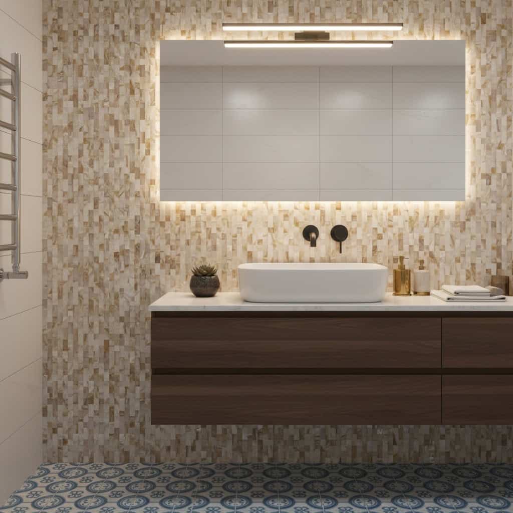 Bathroom wall with elegant mother of pearl shell tile and modern sink.