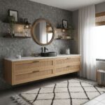 Bathroom vanity with peel and stick tile backsplash, modern decor, and natural light.