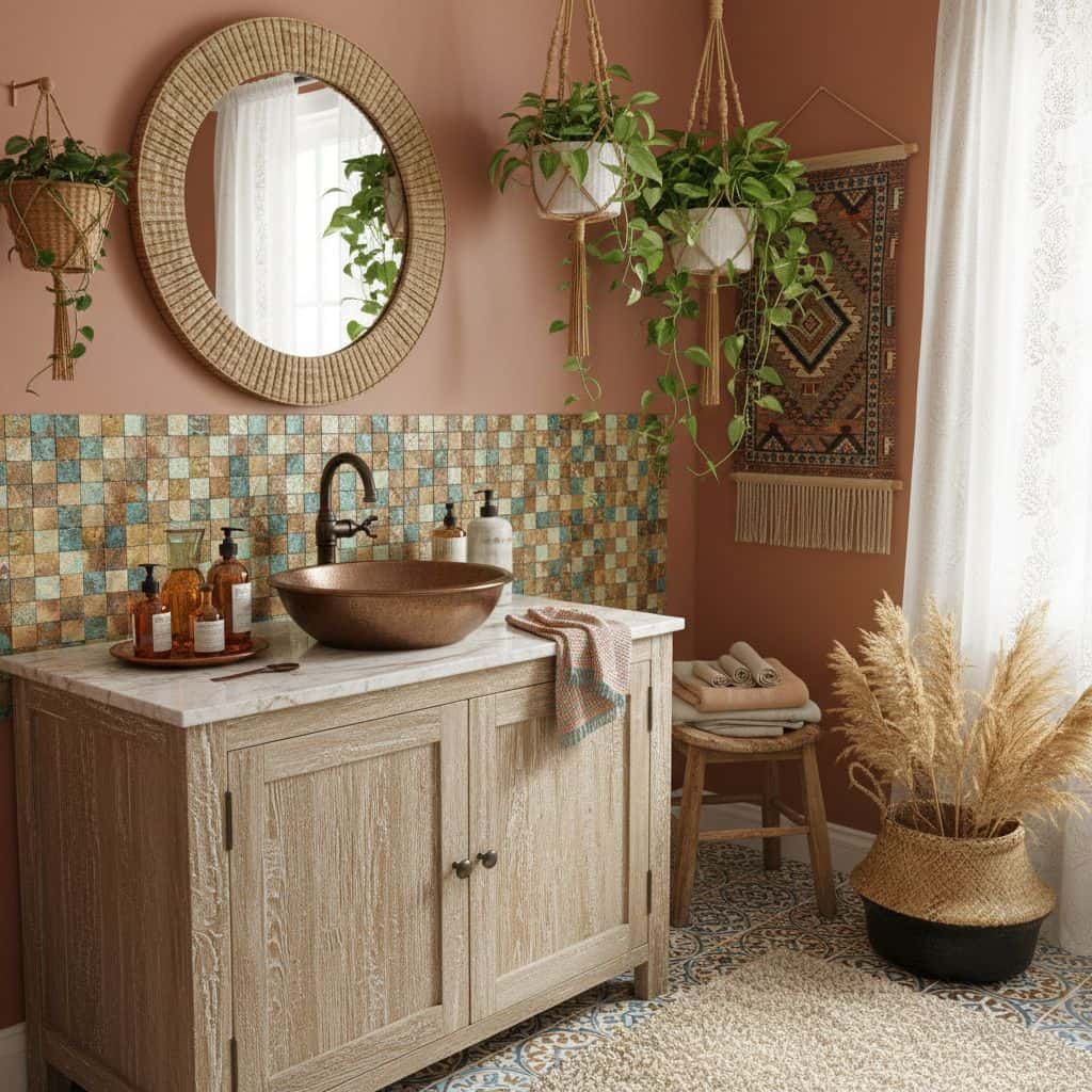 Cozy boho bathroom featuring wall decor, hanging plants, and a rustic vanity with a mosaic tile backsplash.
