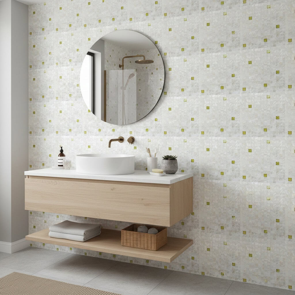 Bathroom with mother of pearl shell tiles creating a shimmering, luxurious wall feature behind a modern vanity and round mirr.