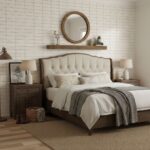 Neutral-colored textured wall tile with a matte finish, installed behind the bed in a cozy bedroom setting.