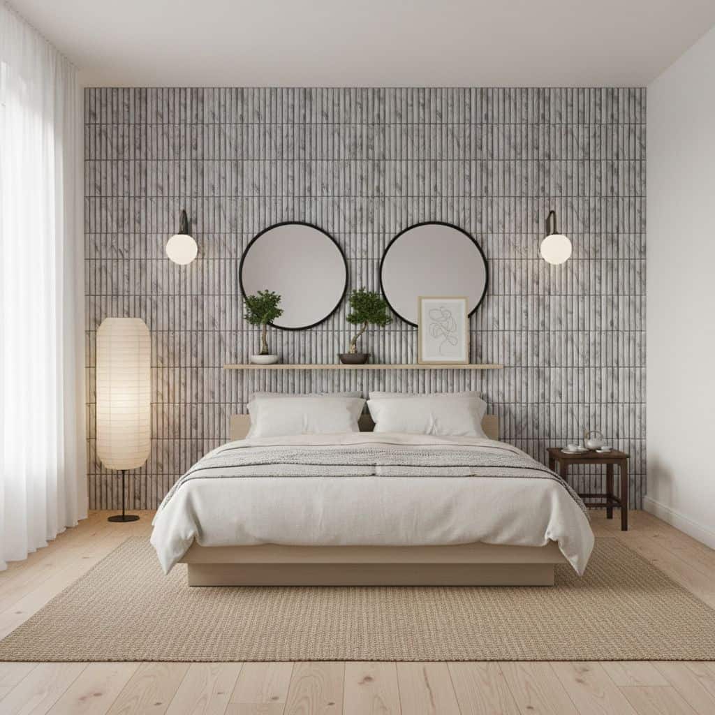A bedroom featuring a gray vertical striped tile wall behind the bed, with round mirrors, wall sconces, and minimalist decor.