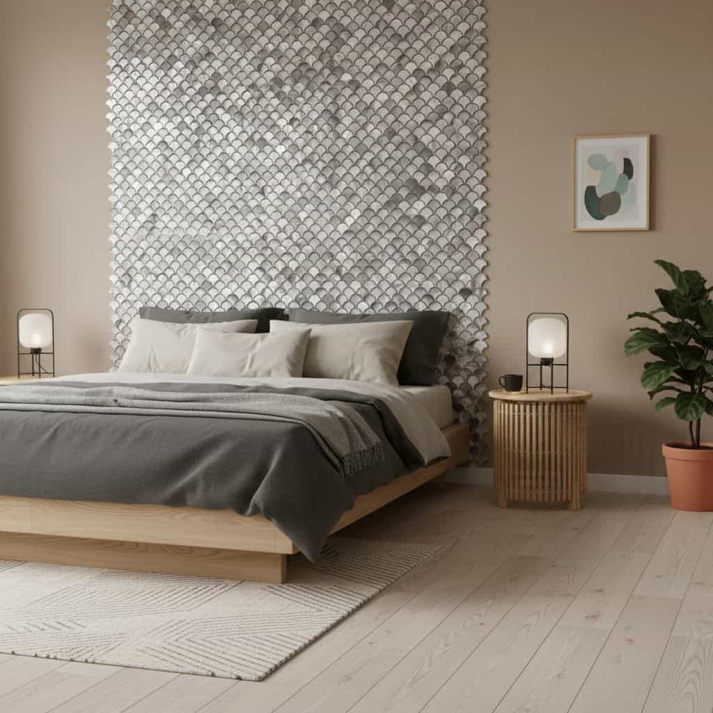 A bedroom featuring a stunning wall of mother of pearl shell tiles behind the bed. Elegant and reflective, perfect for modern.