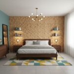 Wooden brick wall with textured finish in a modern bedroom setting, complemented by neutral bedding and colorful geometric ru.
