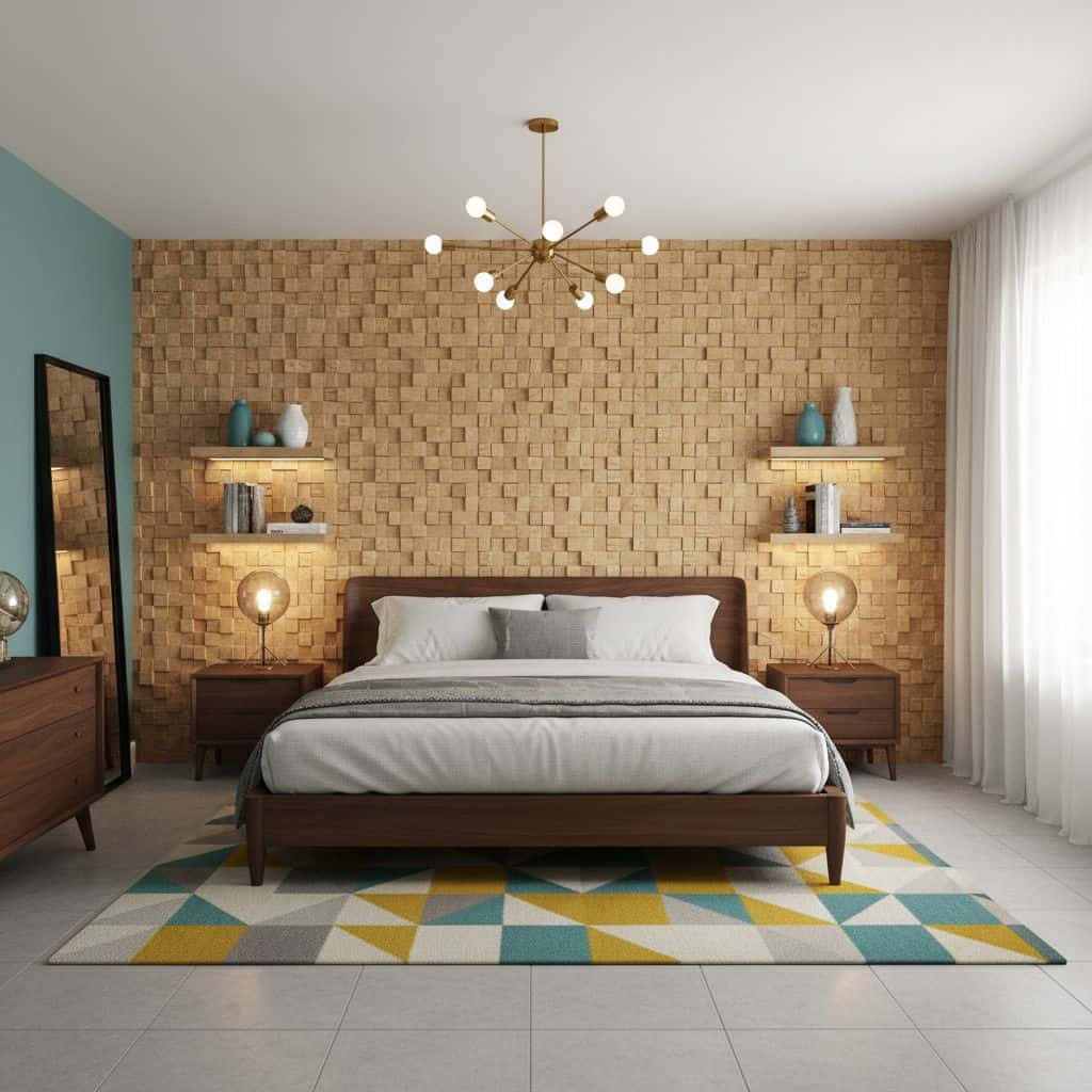 Wooden brick wall with textured finish in a modern bedroom setting, complemented by neutral bedding and colorful geometric ru.