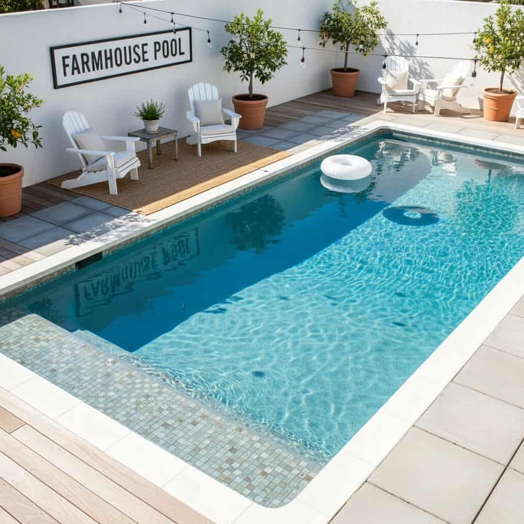 A sleek glass mosaic tile pool backsplash with a contemporary design, perfect for enhancing pool aesthetics and durability.