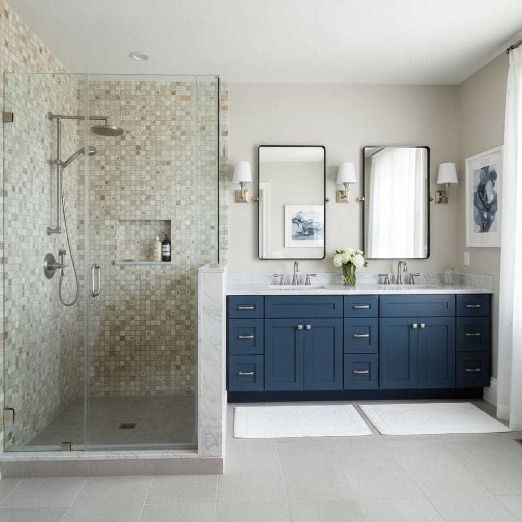 Glass tile bathroom shower and vanity backsplash with mosaic accents.