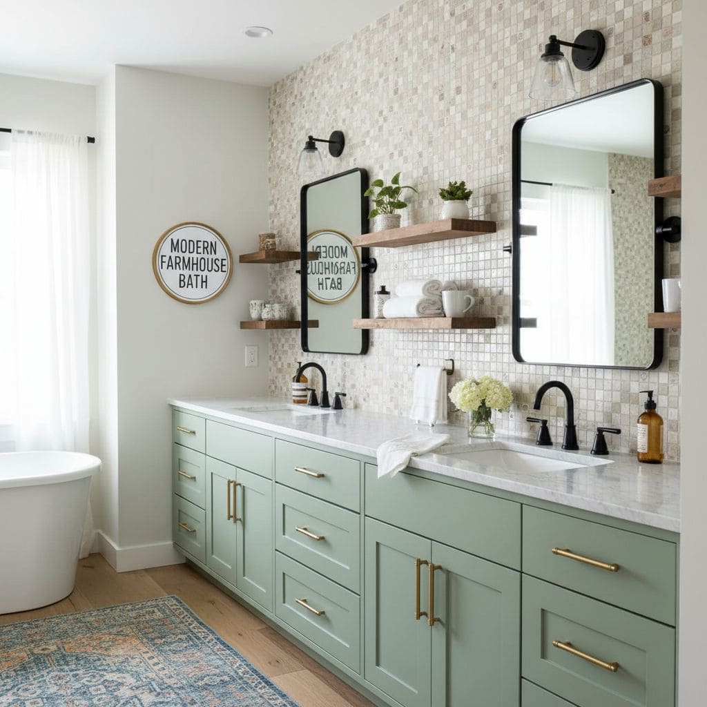 Bathroom featuring a glass tile backsplash, dual mirrors, and a light-colored vanity.