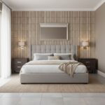 Beige textured tile wall behind the bed with vertical lines, creating a warm and sophisticated bedroom backdrop.