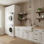 Beige textured ceramic tile with matte finish, used on laundry room wall for a clean, modern look.