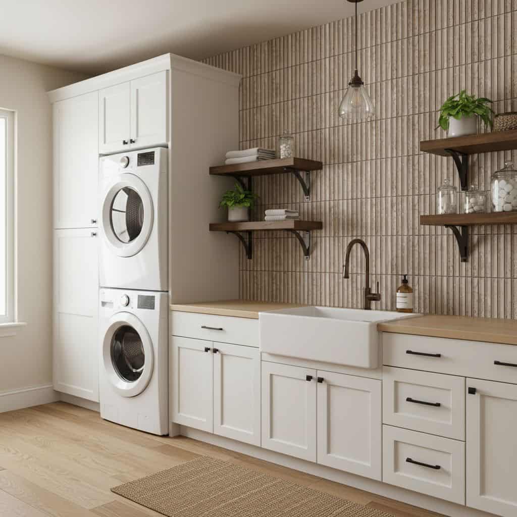 Beige textured ceramic tile with matte finish, used on laundry room wall for a clean, modern look.