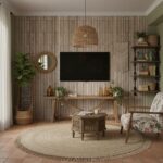 Warm beige textured wall tile with vertical ridges, creating a coastal-inspired backdrop.