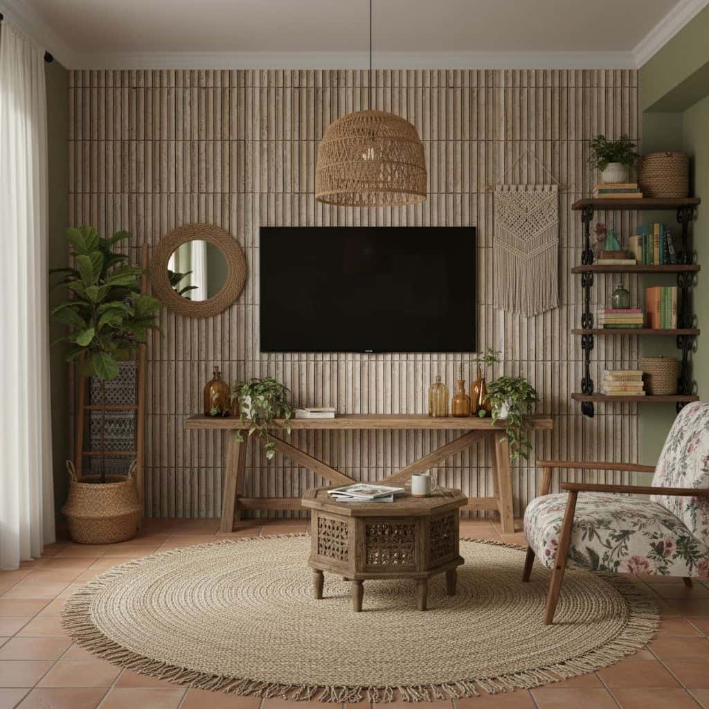 Warm beige textured wall tile with vertical ridges, creating a coastal-inspired backdrop.