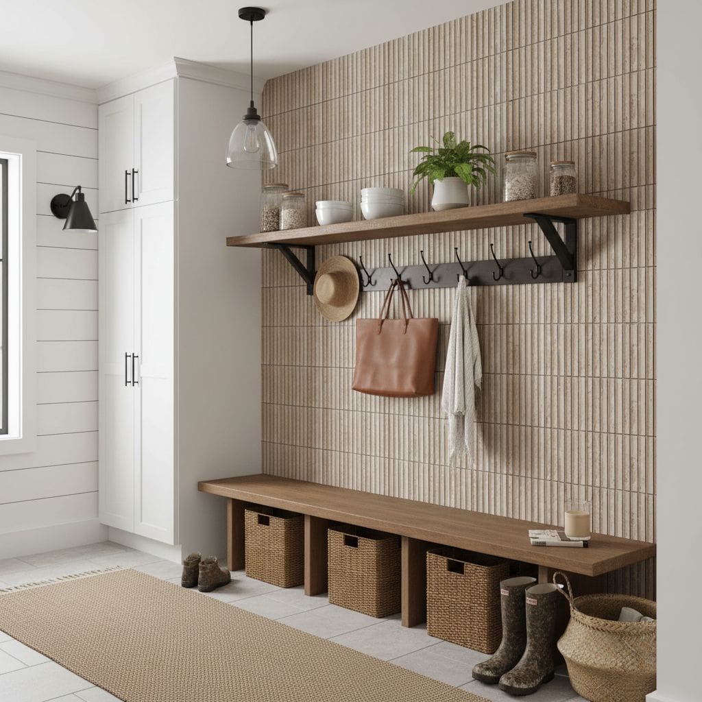 A modern entryway with a wooden shelf, hooks, and baskets, featuring beige textured tiles, white walls, and neutral decor for.