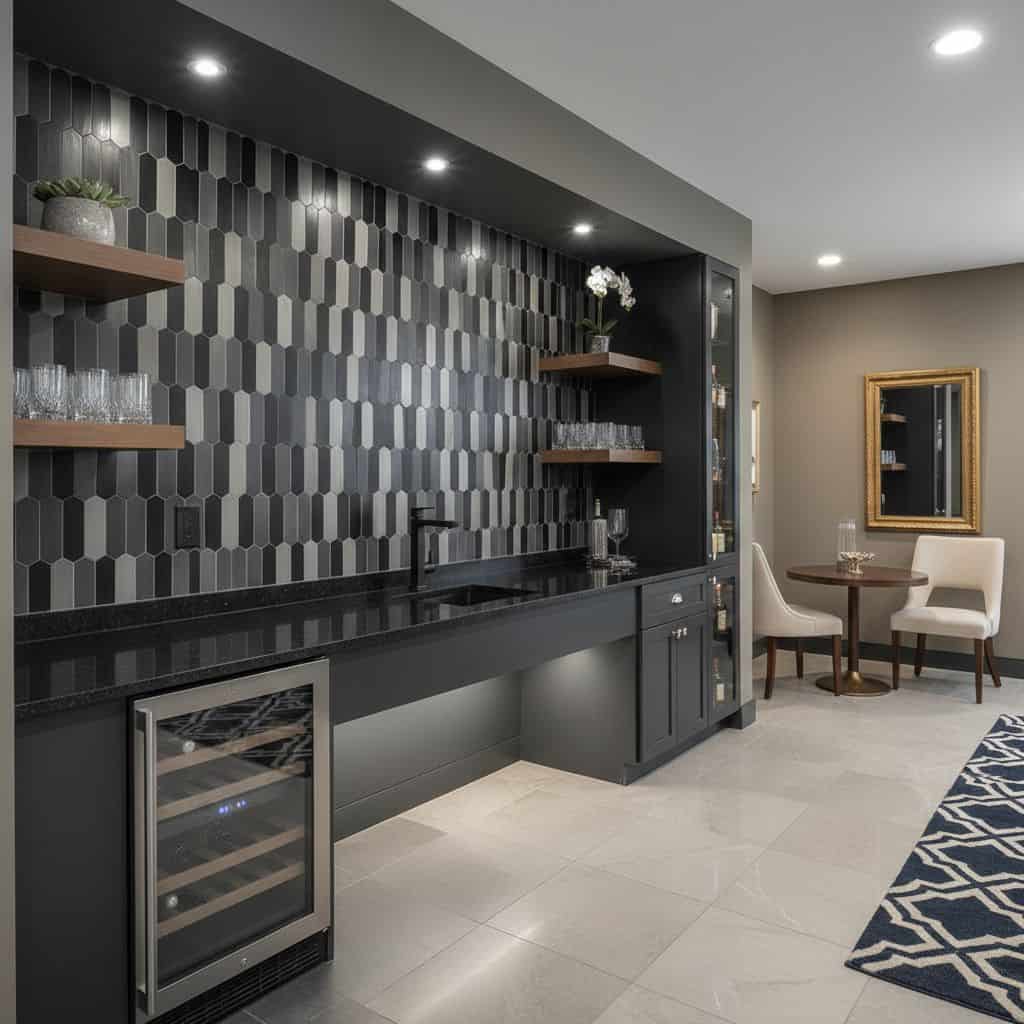 Peel and stick tile backsplash in a modern kitchen with dark geometric tiles and a small bar area.