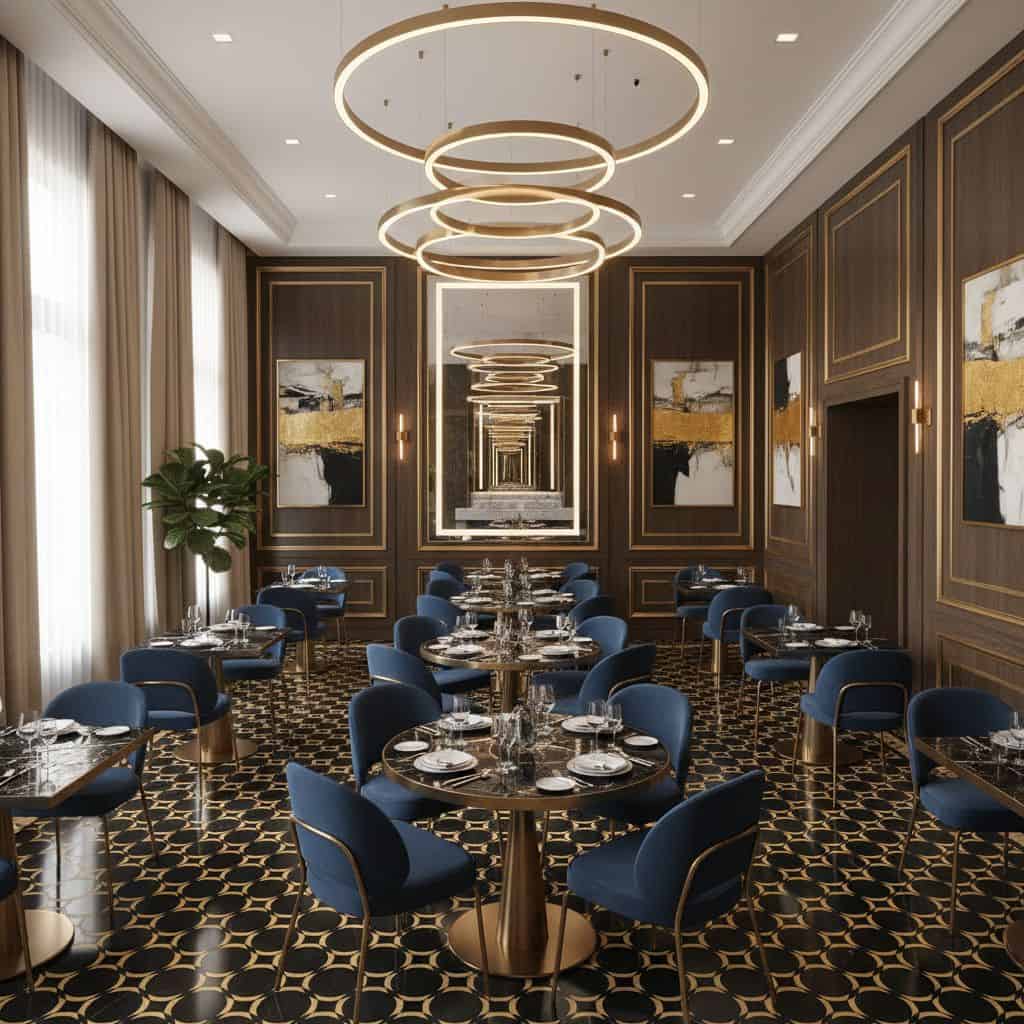 Elegant dark wood wall tiles with gold trim and matching geometric patterned floor tiles.