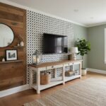 Decorative tile and wood wall paneling in a modern living room.