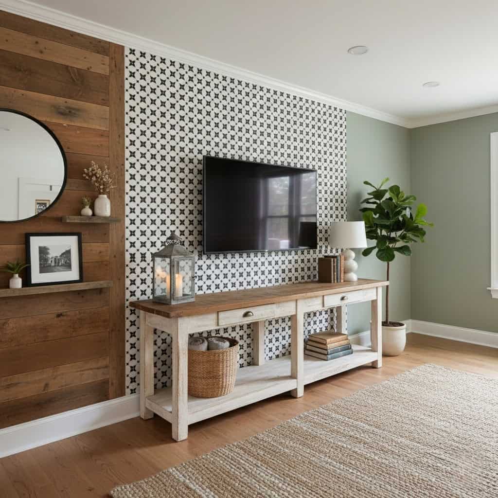 Decorative tile and wood wall paneling in a modern living room.