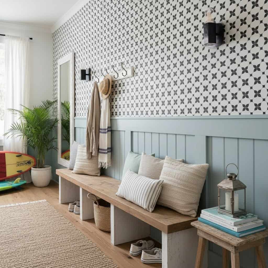 Blue and white geometric patterned tile wall with textured surface in a modern home interior.