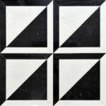 Black and white marble tiles with a geometric design, smooth texture, and polished finish.