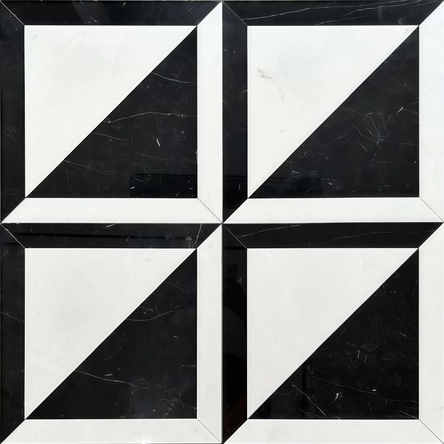 Black and white marble tiles with a geometric design, smooth texture, and polished finish.