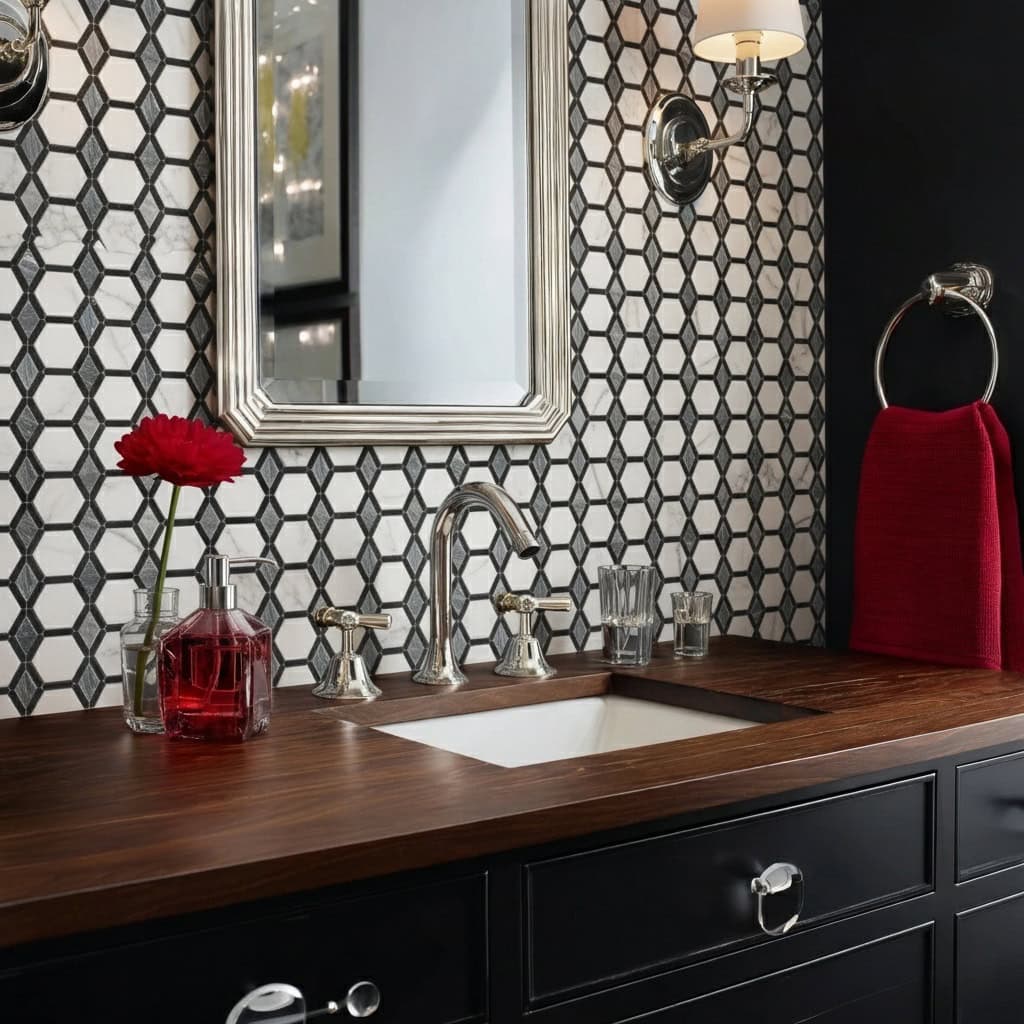 A close-up of a bathroom vanity with hexagon patterned tiles in black and white, featuring a wooden countertop, mirror, and r.