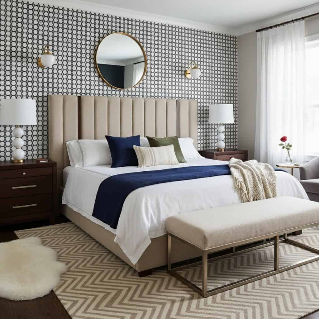 Elegant bedroom with beige upholstered bed, navy and white bedding, geometric wallpaper, and modern decor accents.