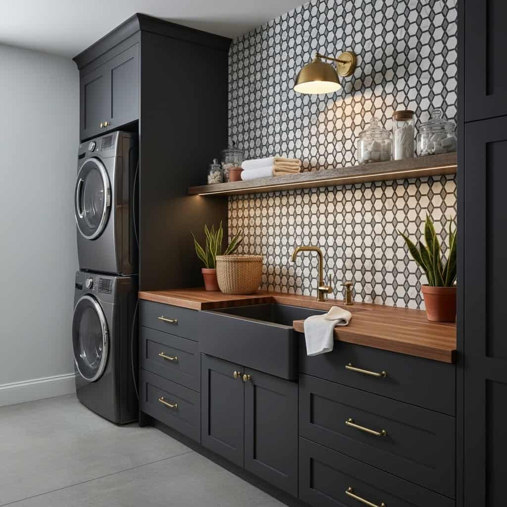 Bright laundry room with dark blue cabinets, wooden countertop, and hexagonal patterned wall tiles in black and white.