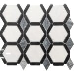 Hexagon marble tile with black and white pattern, polished surface, and geometric design.