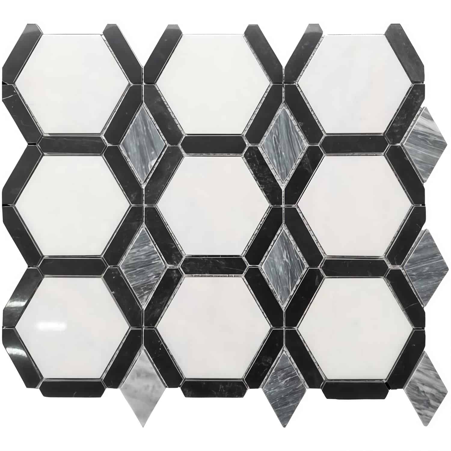 Hexagon marble tile with black and white pattern, polished surface, and geometric design.