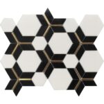 Hexagon tile with black, white, and gold accents, smooth surface, contemporary geometric pattern.