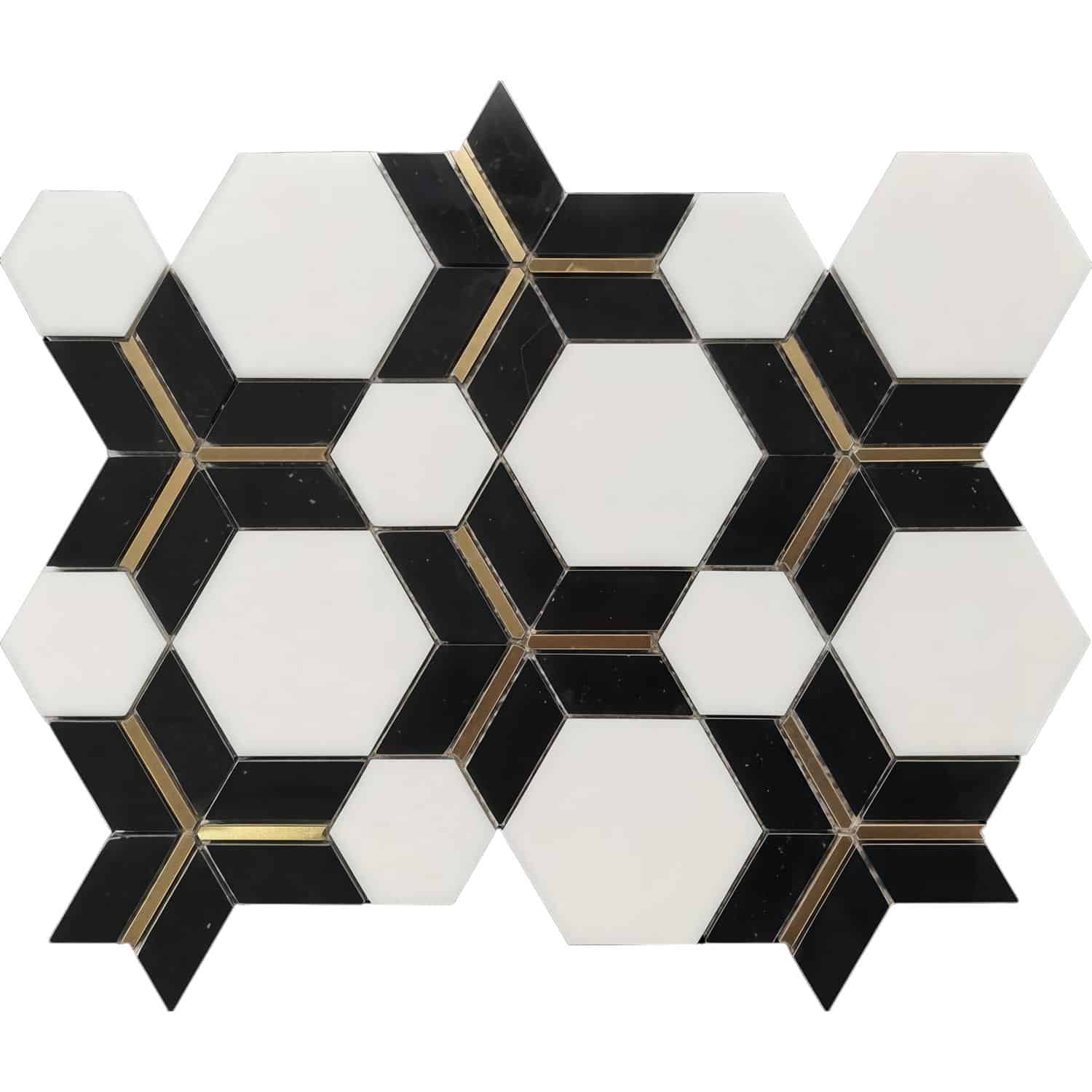 Hexagon tile with black, white, and gold accents, smooth surface, contemporary geometric pattern.