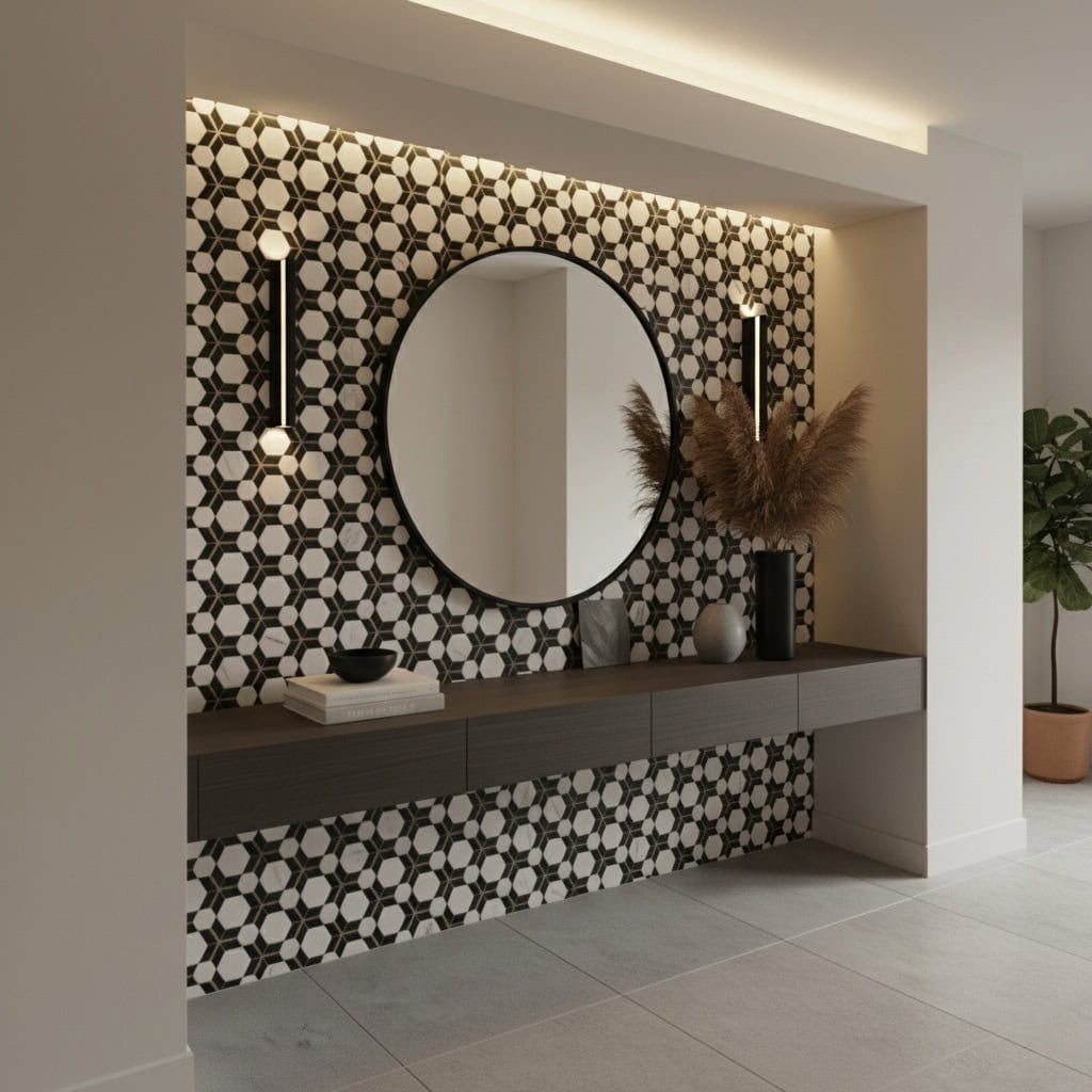 Black and white geometric patterned tile wall with a round mirror and decorative vases.