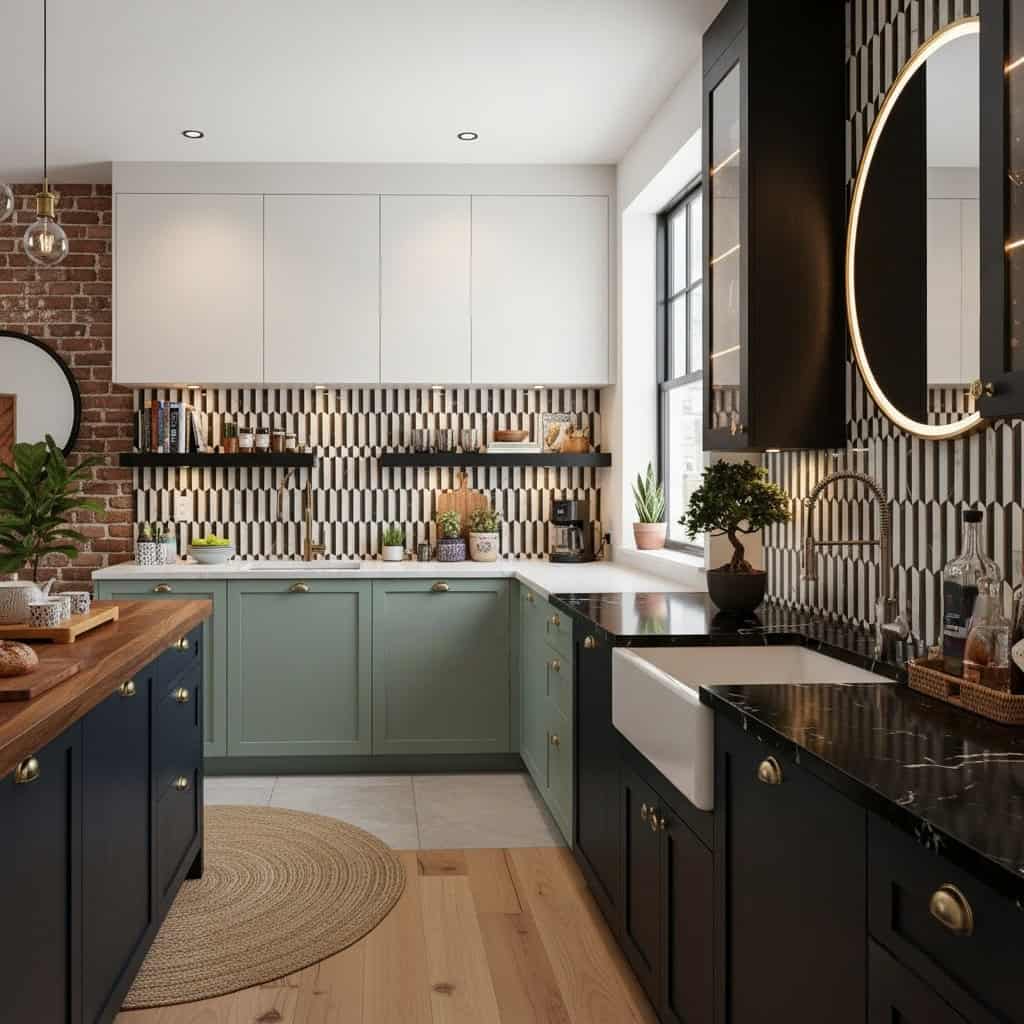 A modern kitchen featuring a black and white geometric patterned tile backsplash, complemented by light green and dark navy c.