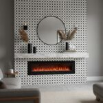 Stylish black and white geometric tile with textured surface around fireplace and mirror.