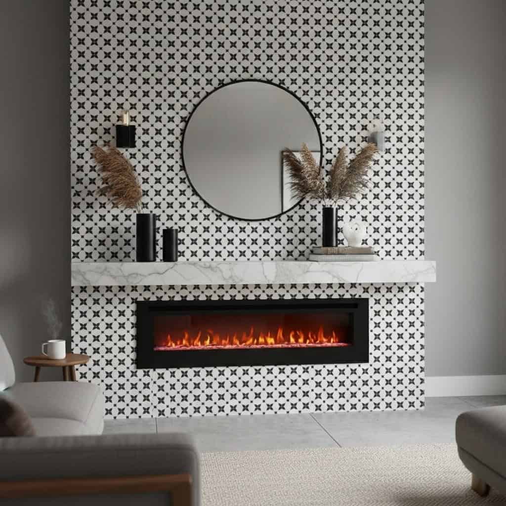 Stylish black and white geometric tile with textured surface around fireplace and mirror.