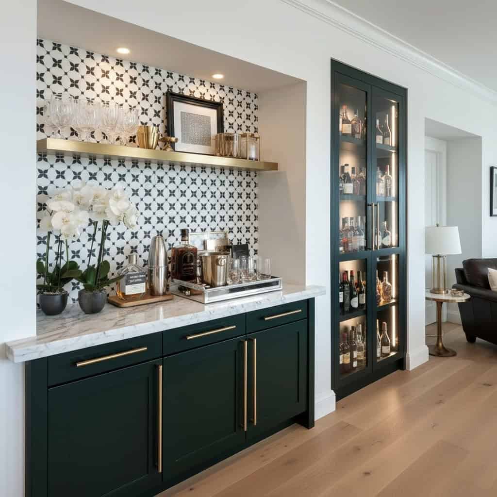 Elegant dark green tile with textured surface and gold accents.