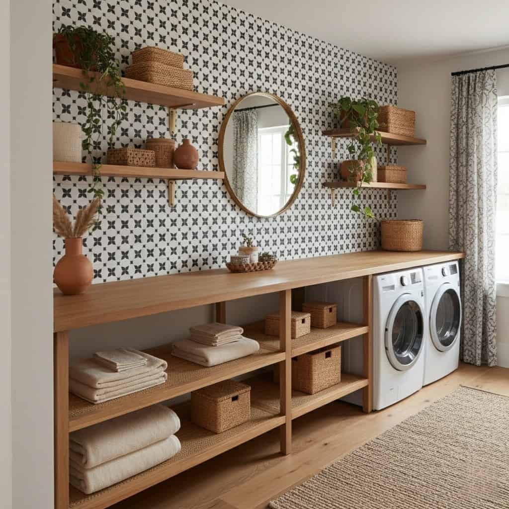 Bright laundry room with black and white patterned tiles, wooden shelves, wicker baskets, and a large mirror.