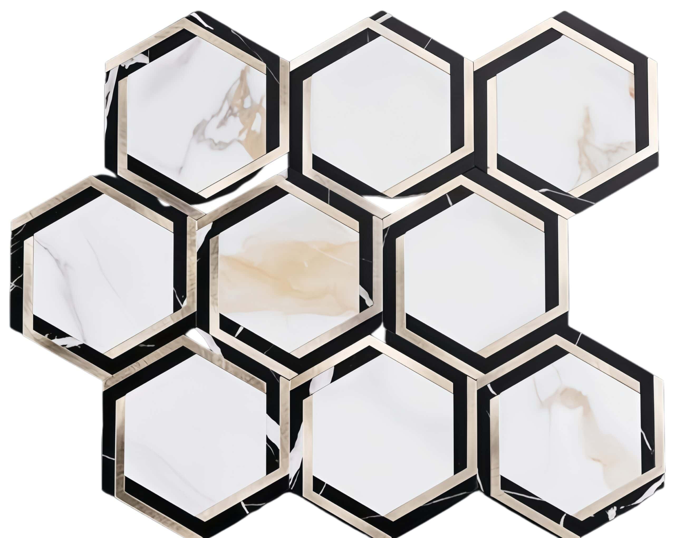 Modern peel and stick hexagon wall tile with black and white marble pattern for easy home decor updates.