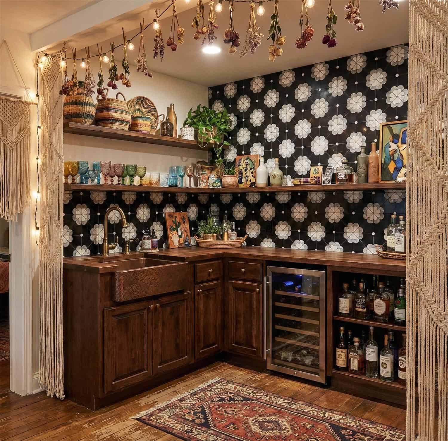 Warm wood cabinetry with floral patterned black and white tiles.