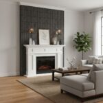 Modern white fireplace with dark textured tile wall, complemented by a cozy living room setup with neutral tones and natural.