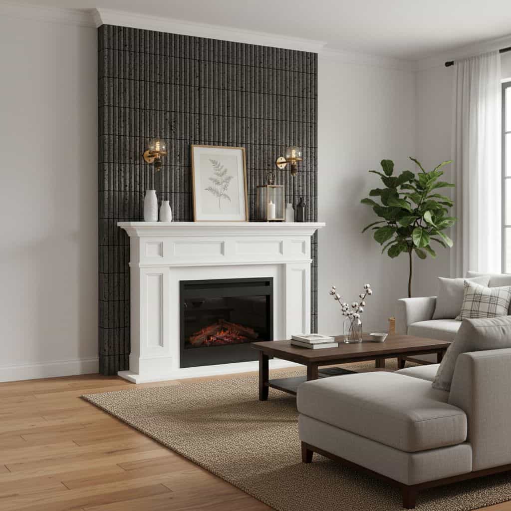 Modern white fireplace with dark textured tile wall, complemented by a cozy living room setup with neutral tones and natural.