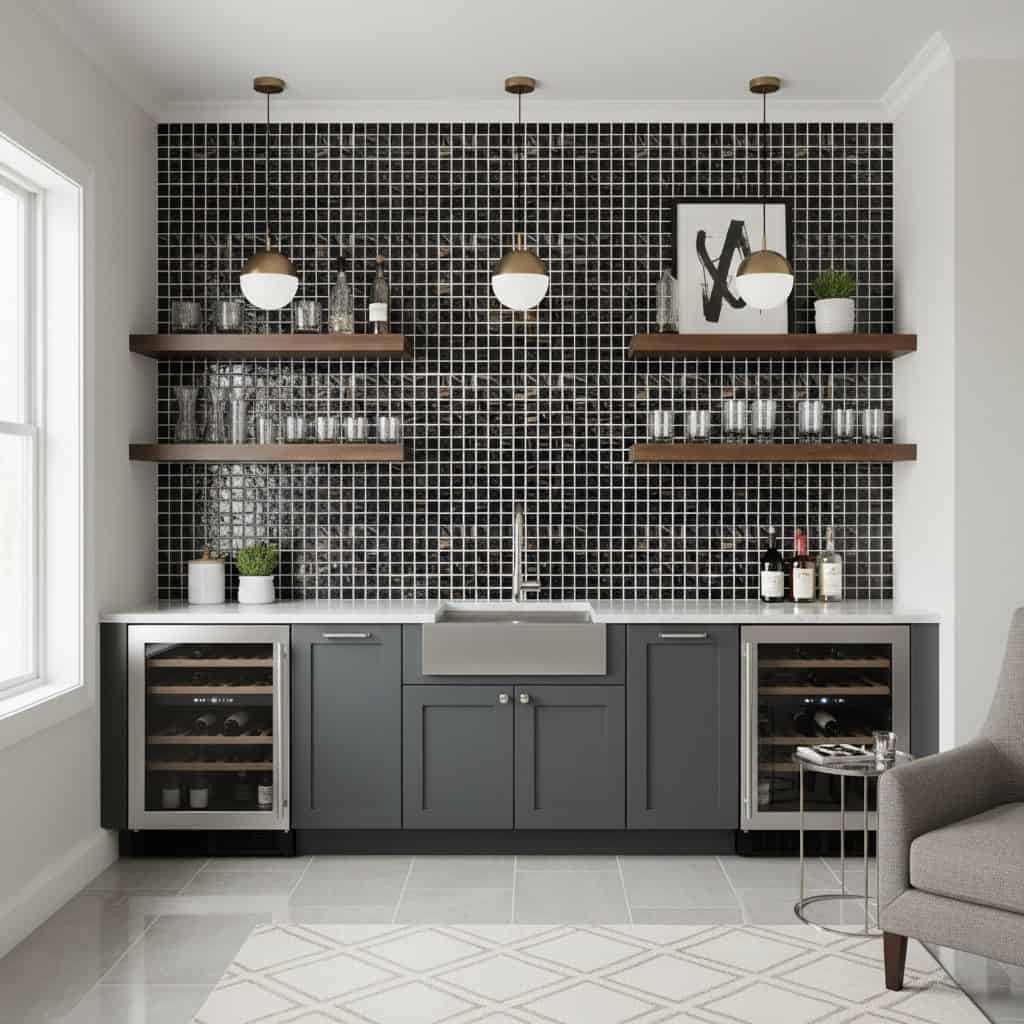 A sleek black glass tile backsplash enhances this contemporary kitchen design, paired with gray cabinetry and open wooden she.