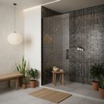 Shower with black glass mosaic tile backsplash and glass pool tile accents, complemented by potted plants and minimalist deco.