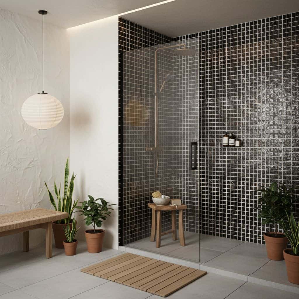 Shower with black glass mosaic tile backsplash and glass pool tile accents, complemented by potted plants and minimalist deco.