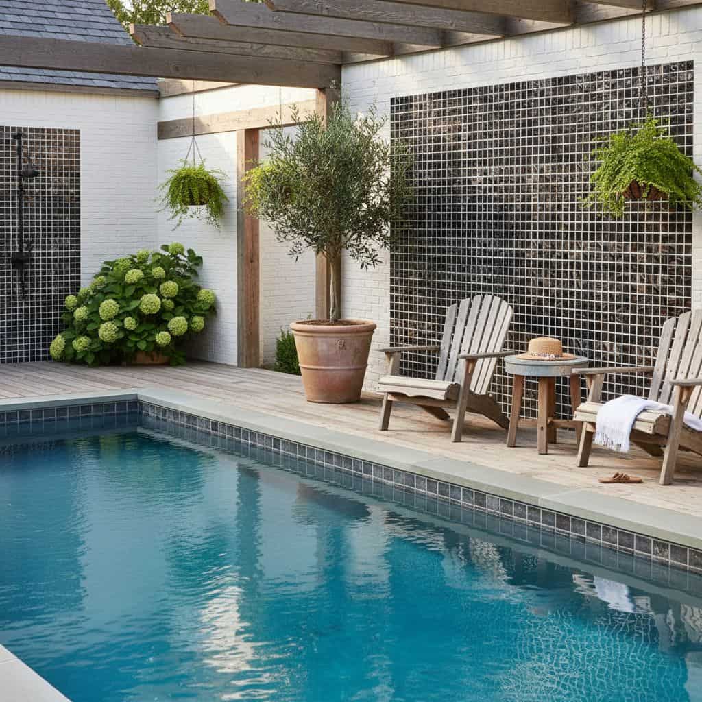 Relaxing outdoor pool area with glass tile backsplash, potted plants, and lounge chairs.
